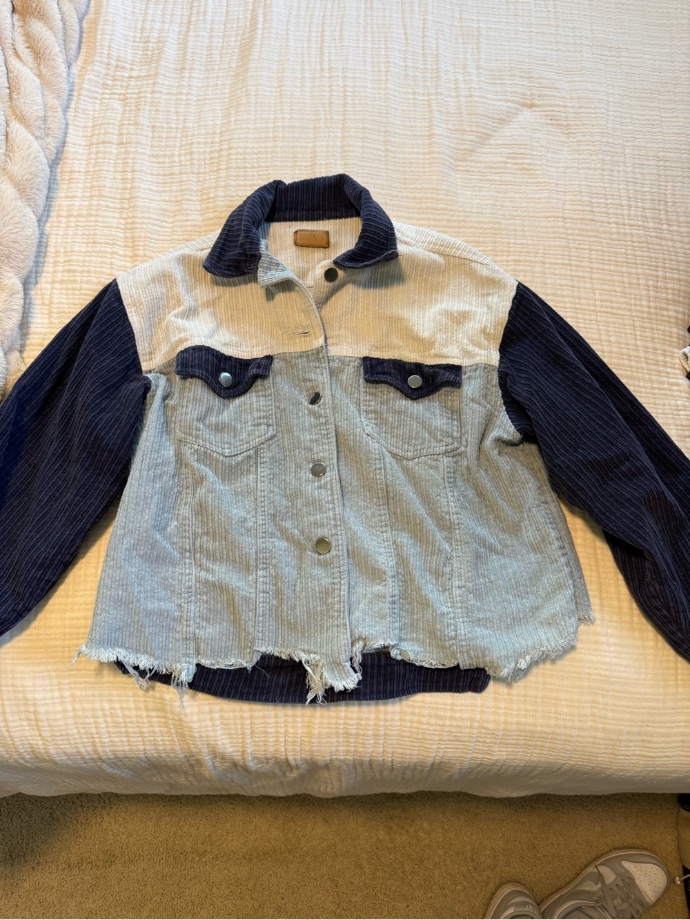 POL Two-Tone Corduroy Jean Jacket in Light Blue and Navy
